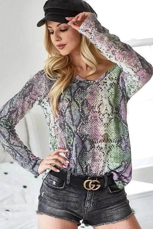 BiBi Snakeskin Print Low Gauge Hacci V Neck Top.