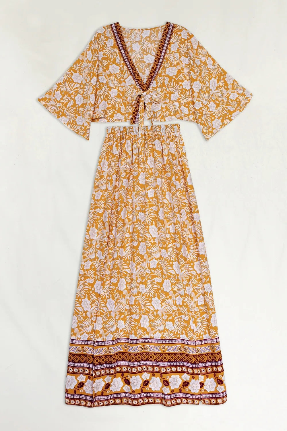 Printed half sleeve top and slit skirt two-piece set in floral viscose fabric