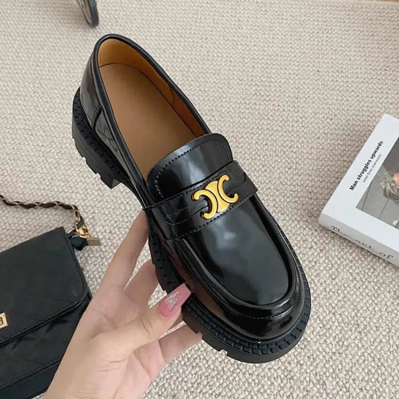 Round Toe Block Heel Loafers.