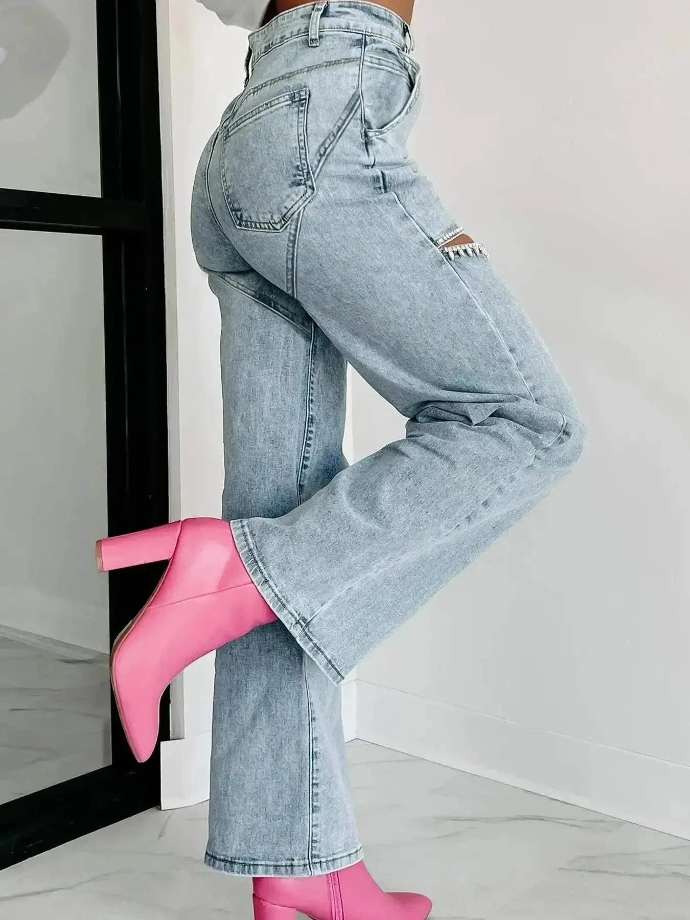 High Waist Wide Leg Jeans with Cut-Out Design.