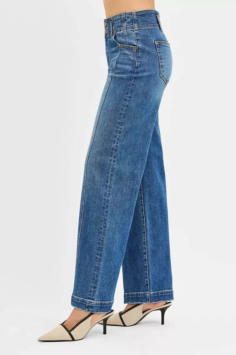 RISEN Mid Rise Fit wide baggy blue jeans with slight stretch and buttoned pockets