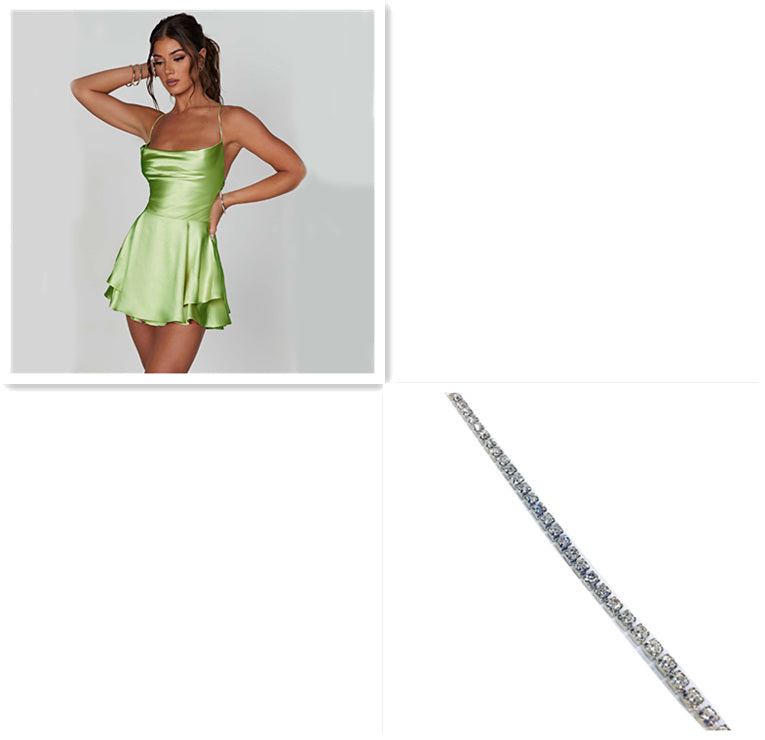 Sexy Suspender Skirt Elegant Satin Backless Lace Up A-Line Short Dress for Women.