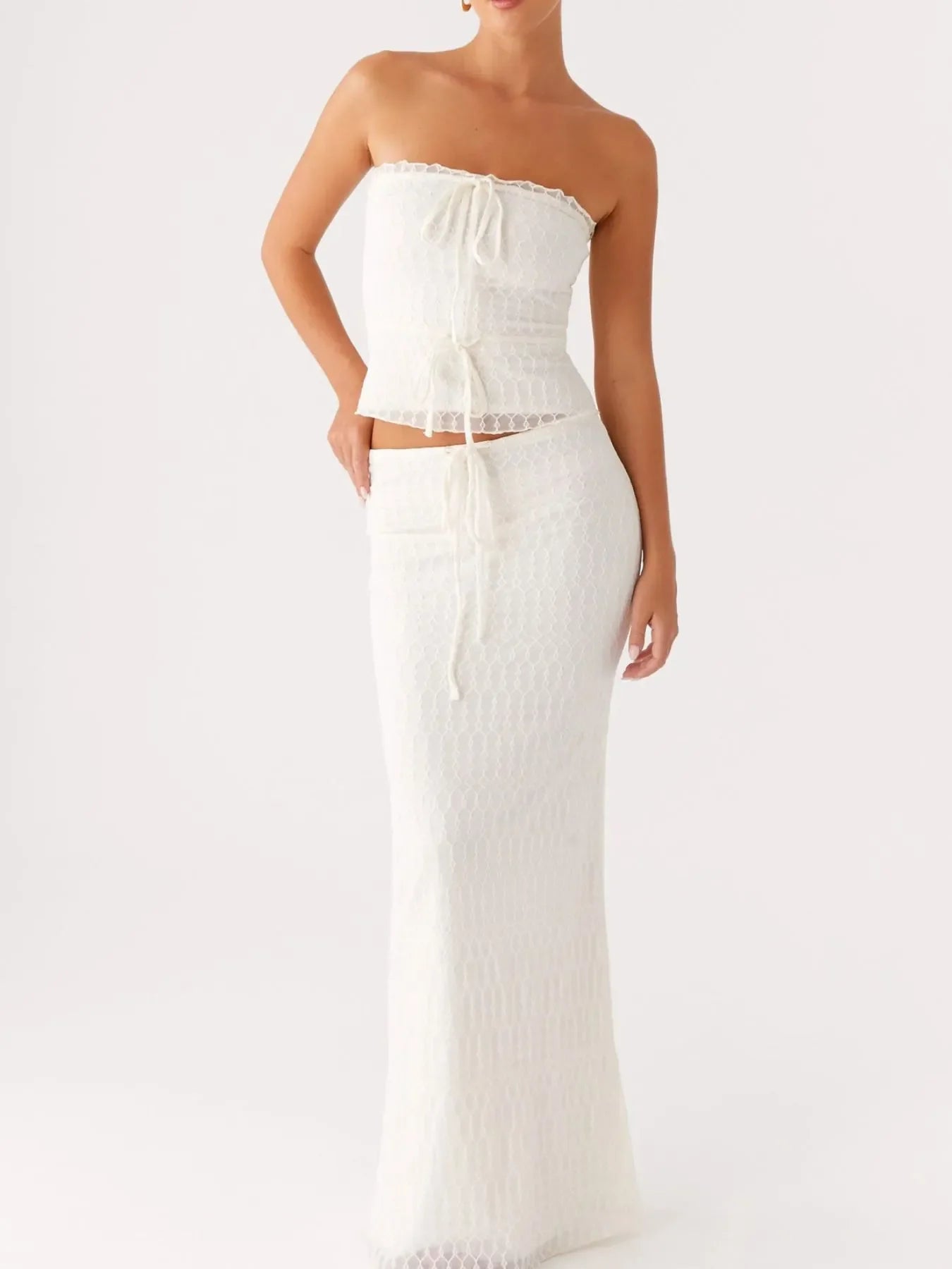 White lace tie front tube top and maxi skirt two-piece set
