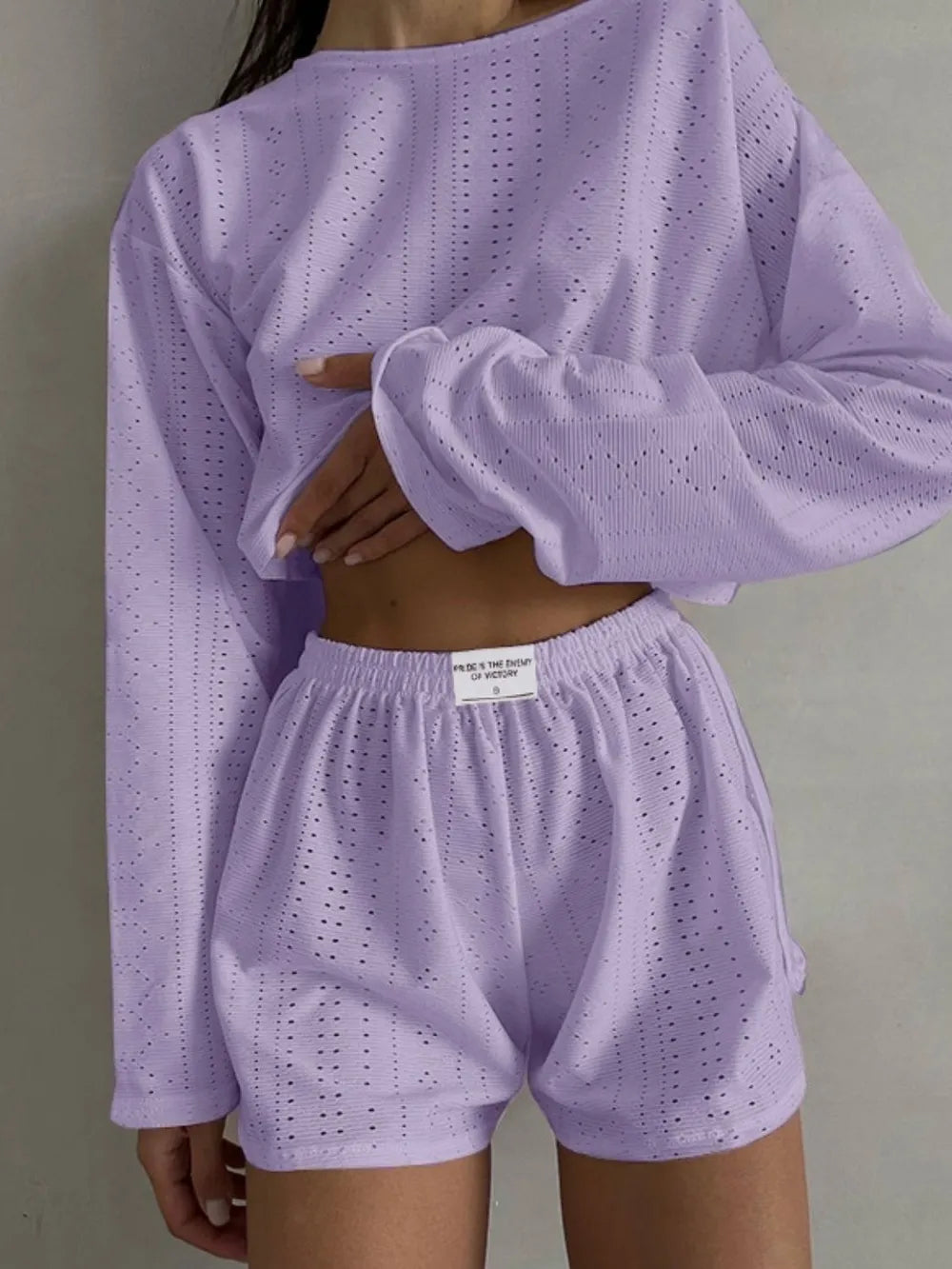 Lavender eyelet round neck top and matching shorts two-piece set with slight stretch