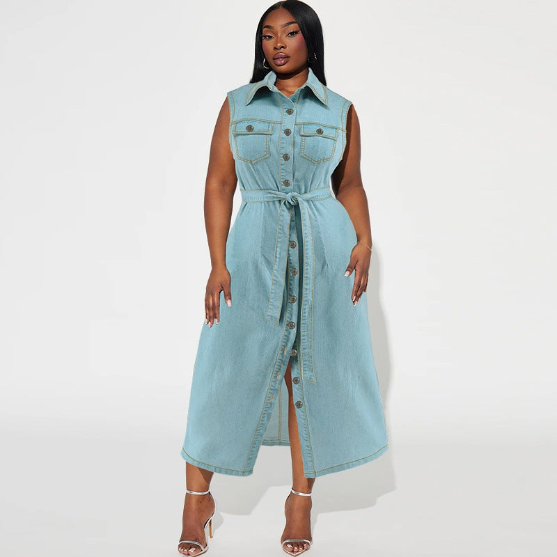 Plus Size Denim Dress - Women's Sleeveless Lace-up Long Dress with Lapel.