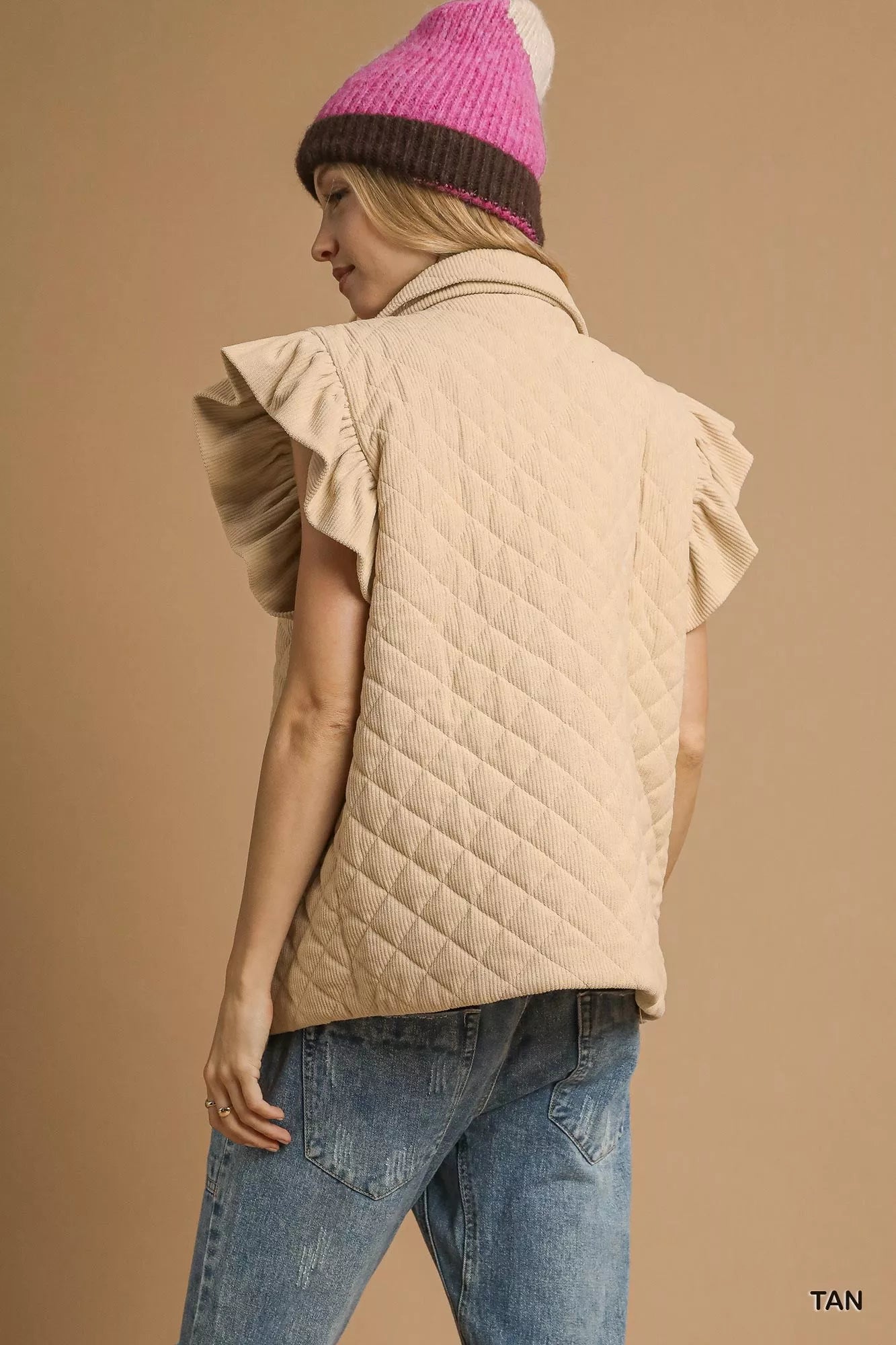 Umgee Corduroy Quilted ruffle sleeve vest in tan with diamond quilt pattern and front snap buttons