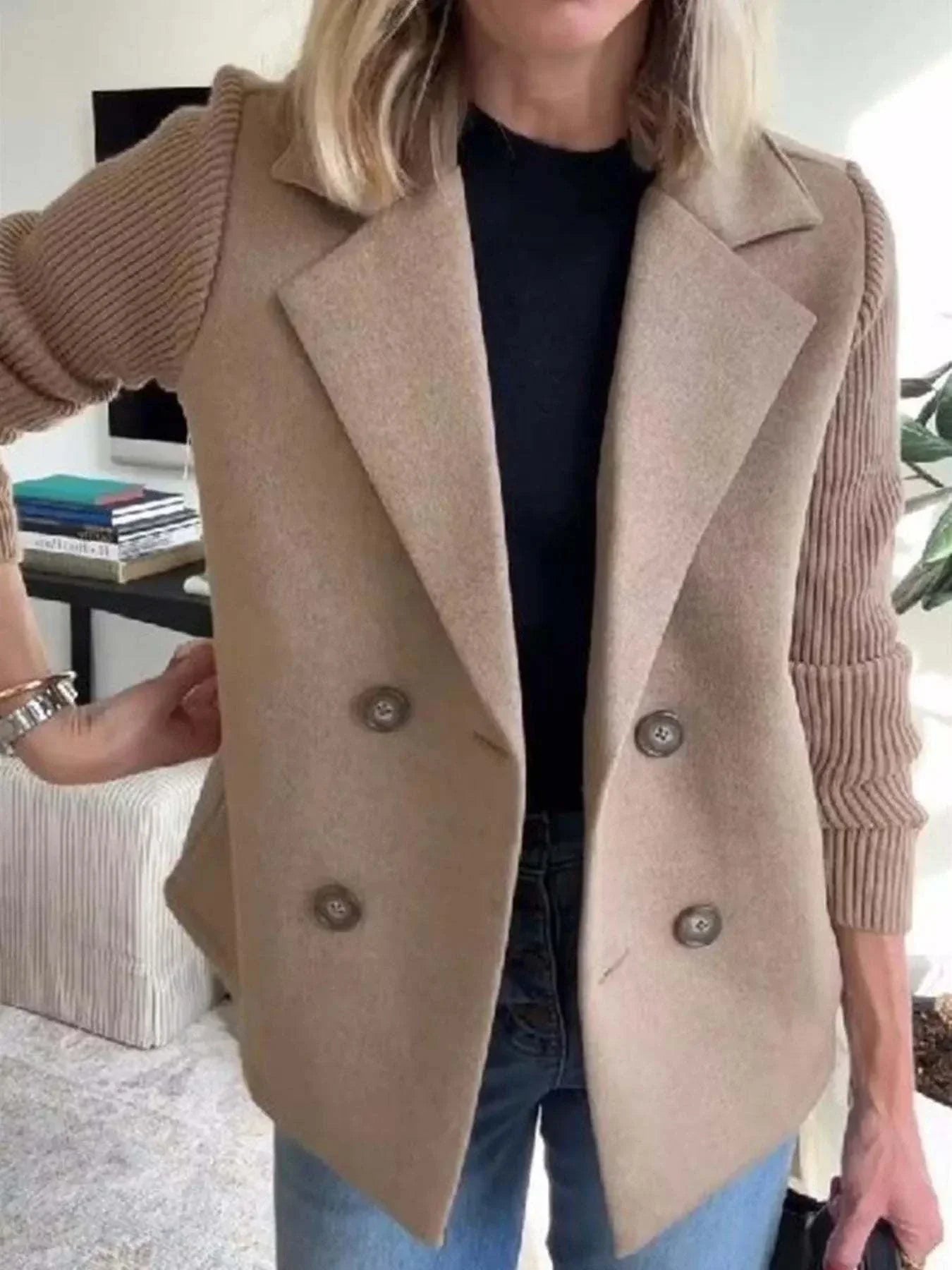 Plus size double-breasted outerwear with full size knit sleeves in beige