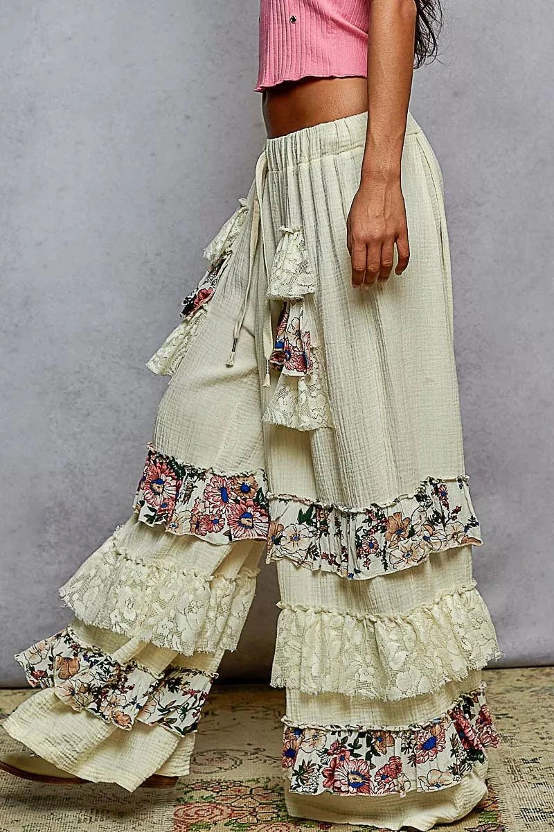 POL Drawstring Double Gauze Wide Leg Pants with Print and Lace Ruffle.