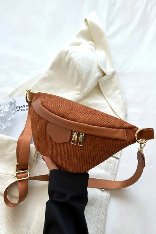 Brown corduroy crossbody bag with removable adjustable strap and zipper closure