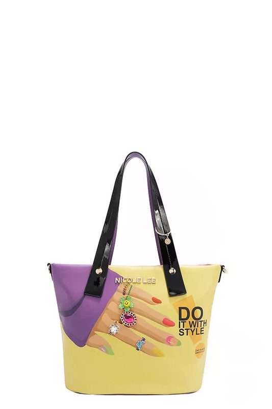 Nicole Lee Nail Polish Tote stylish yellow bag with nail art design and black handles