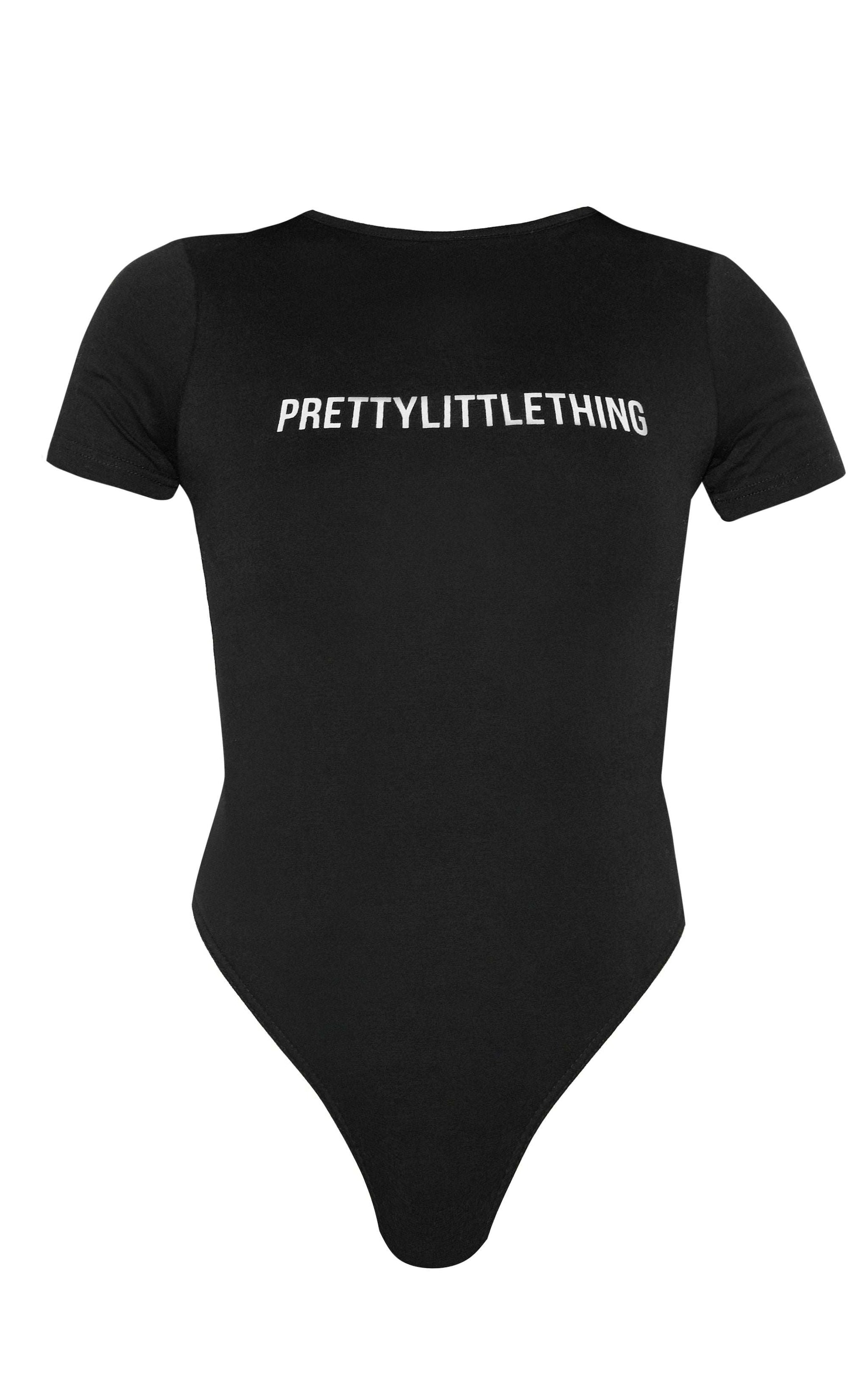 PRETTYLITTLETHING black logo short-sleeved bodysuit in stretch jersey with crew neckline