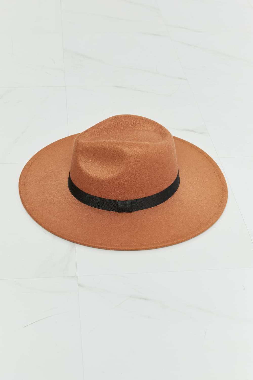 Fame Enjoy The Simple Things tan fedora hat with black ribbon band and adjustable fit