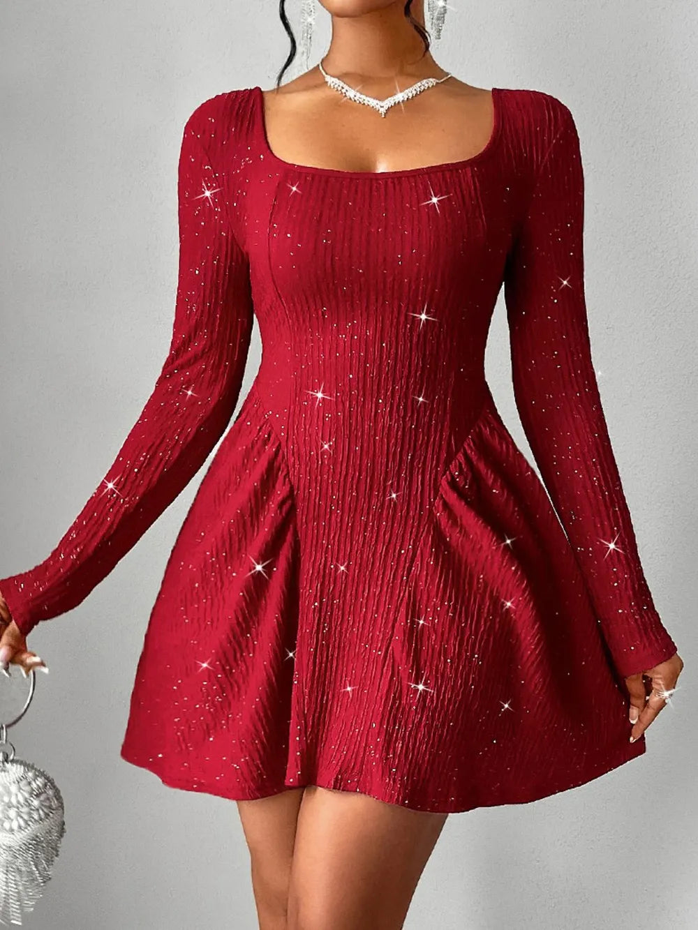 Backless Glitter Square Neck Long Sleeve Mini Dress.