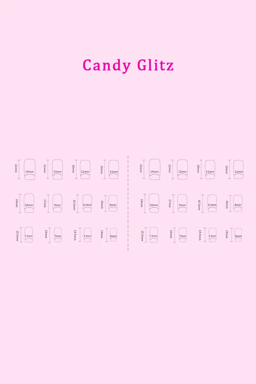 So Pink Beauty Press On Nails two packs with Candy Glitz design and size chart