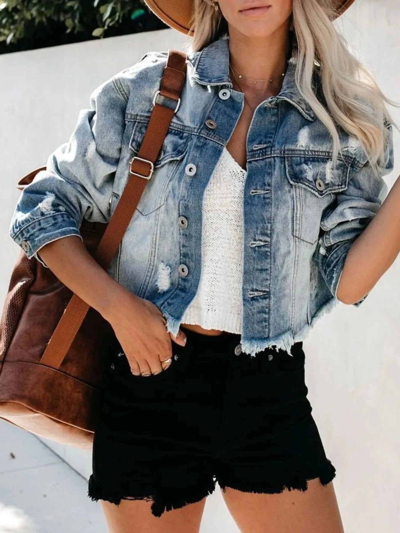 Distressed Raw Hem Denim Jacket