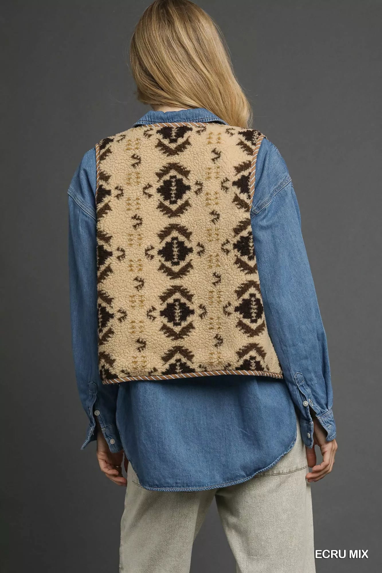Umgee Mix Patterned Sherpa Tie-Front Vest.