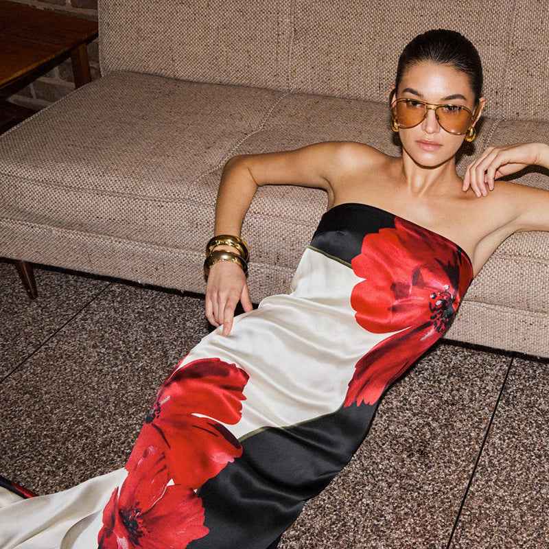 Contrast Color Tube Dress - Sleeveless Sexy Print Length Dress.