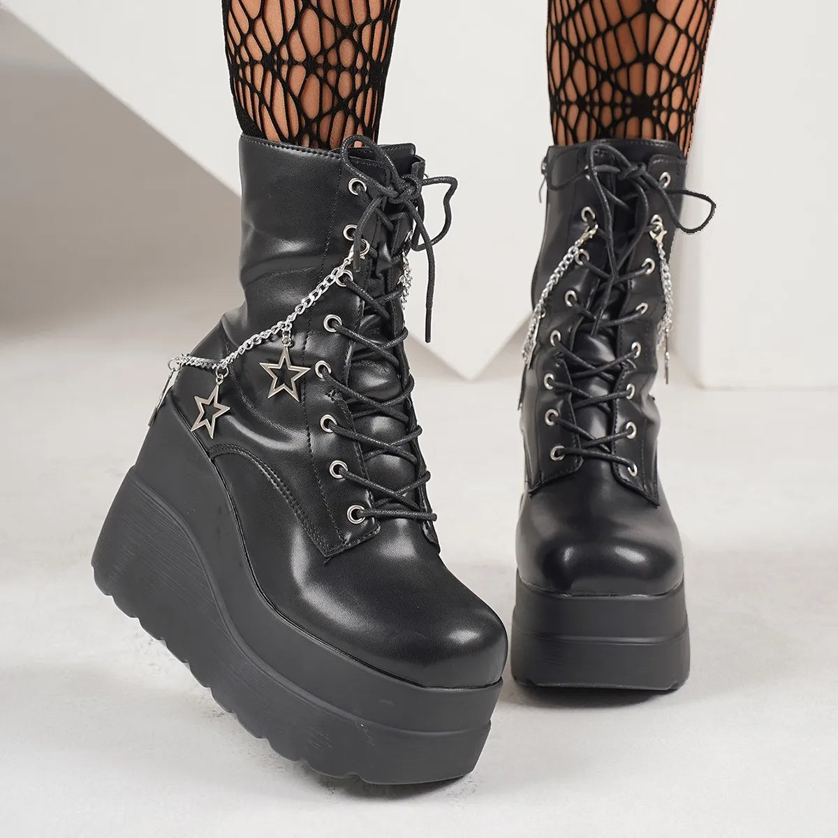 Lace Up Platform Wedge Boots.
