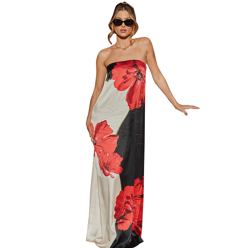 Contrast Color Tube Dress - Sleeveless Sexy Print Length Dress.