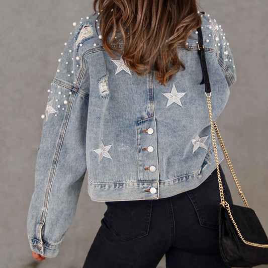 Bead Detail Denim Jacket for Chic and Trendy Style.