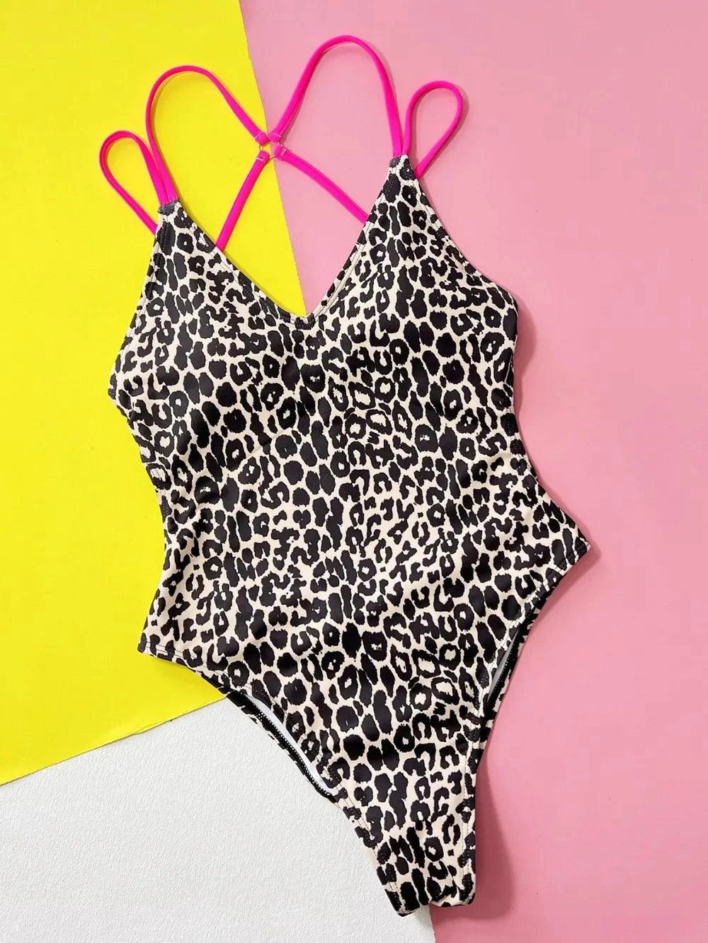 Leopard Plunge One-Piece Swimwear with Spaghetti Straps.