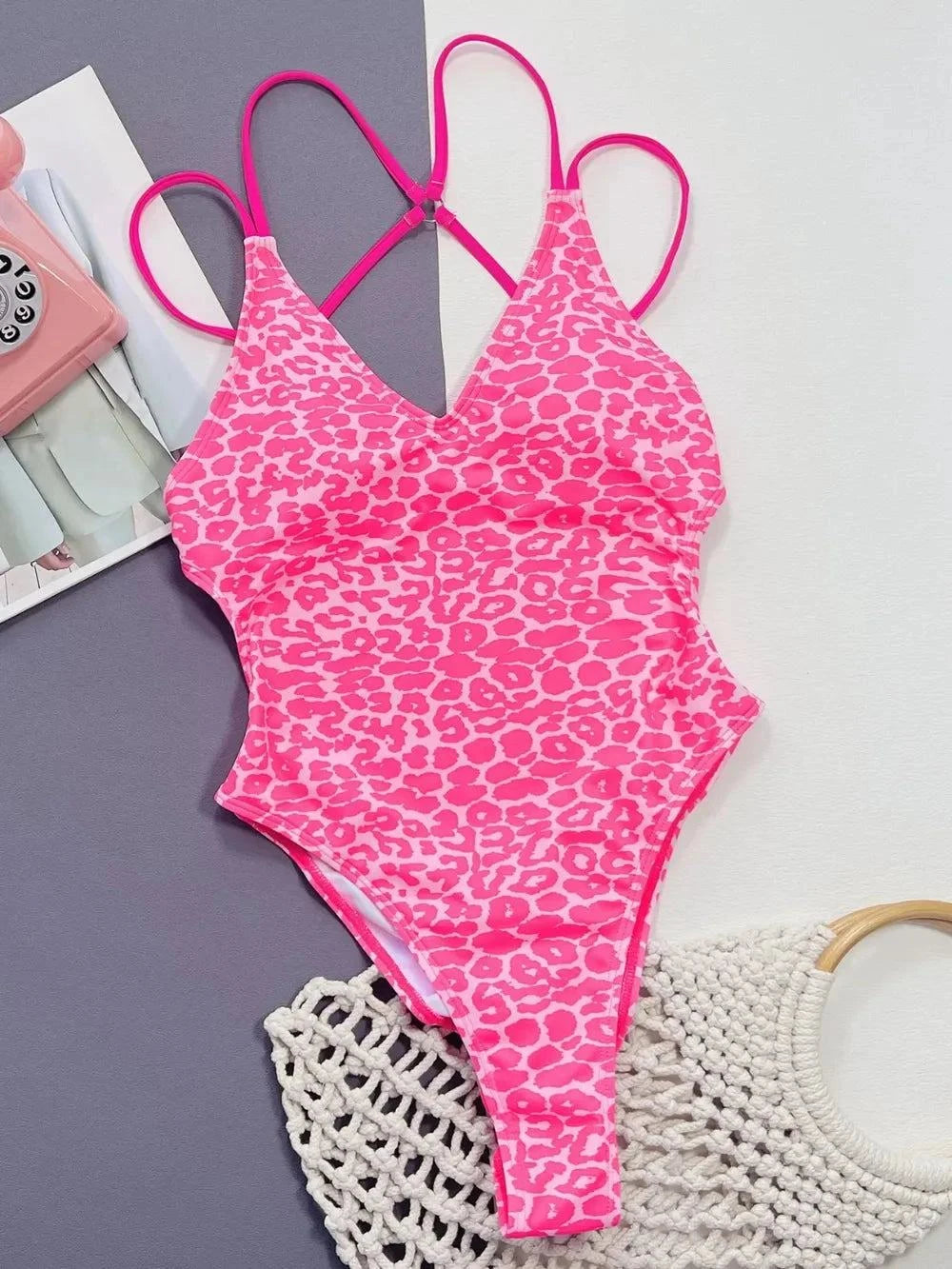 Leopard Plunge One-Piece Swimwear with Spaghetti Straps.