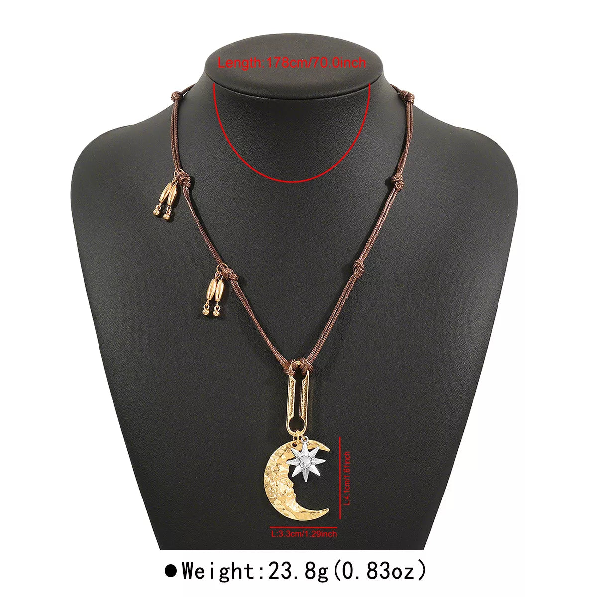 Moon & Sun Pendant necklace with 18K gold-plated crescent moon and silver-plated sun on 70-inch brown cord chain