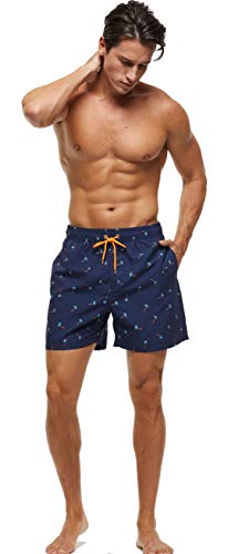 SILKWORLD Men's Swim Trunks Quick Dry Bathing Suit, Beach Shorts with Mesh Lining,Coconut Tree/Navy, Medium - Redemption By Ashley North