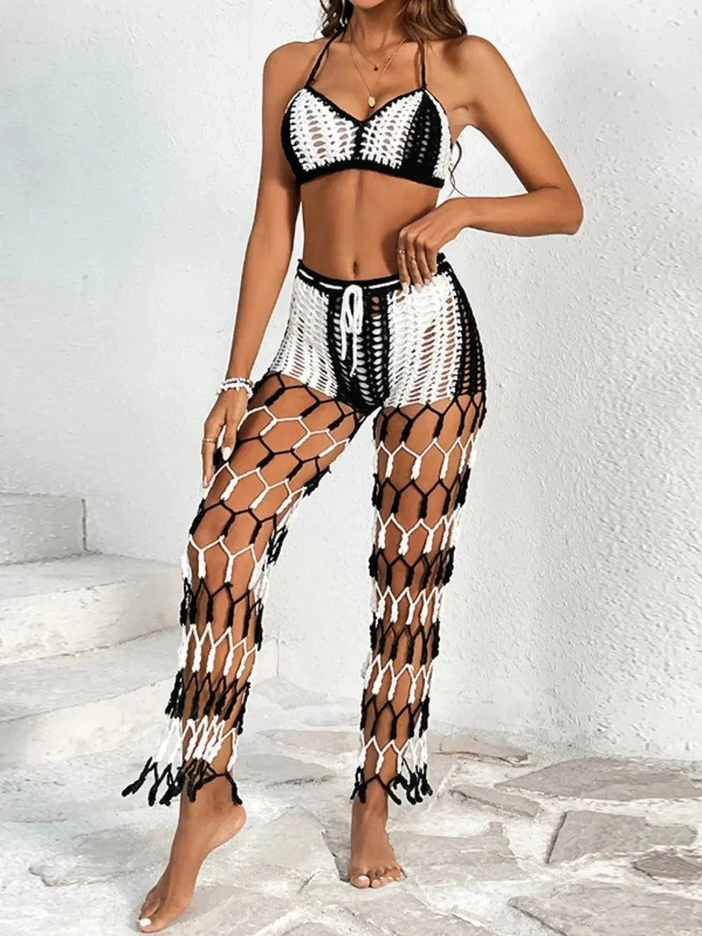 Cutout Halter Neck Swim Set - Two-Piece Top and Pants Swimwear.