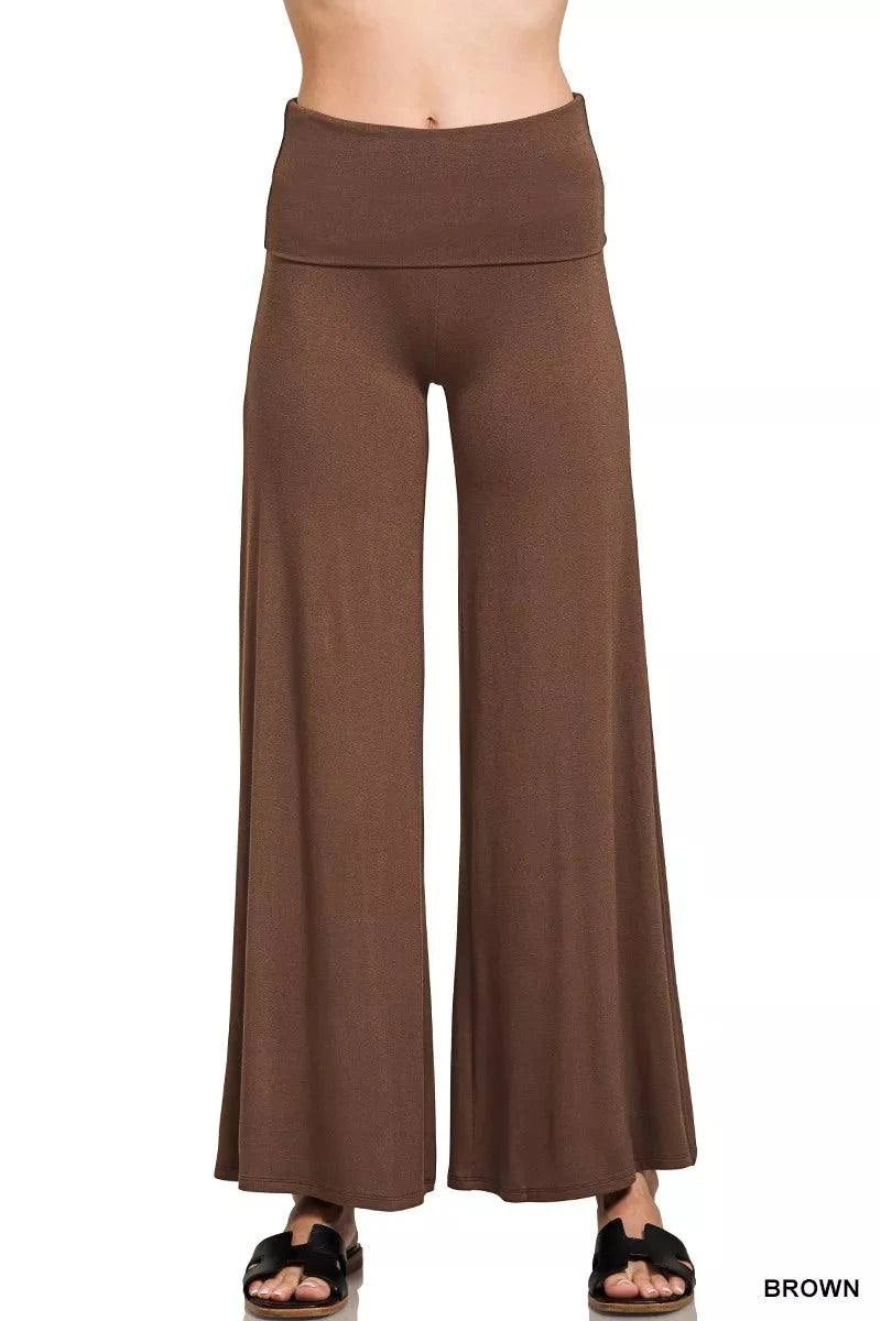 Zenana fold over waist wide leg comfy brown pants with pockets