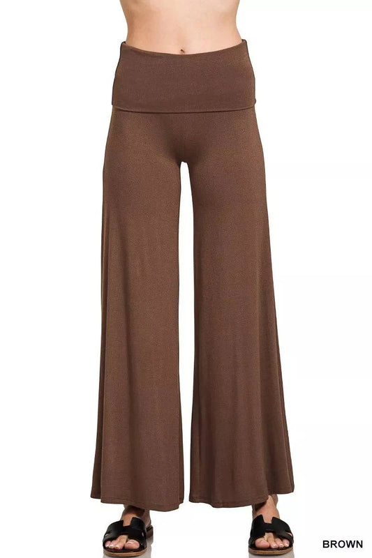 Zenana fold over waist wide leg comfy brown pants with pockets