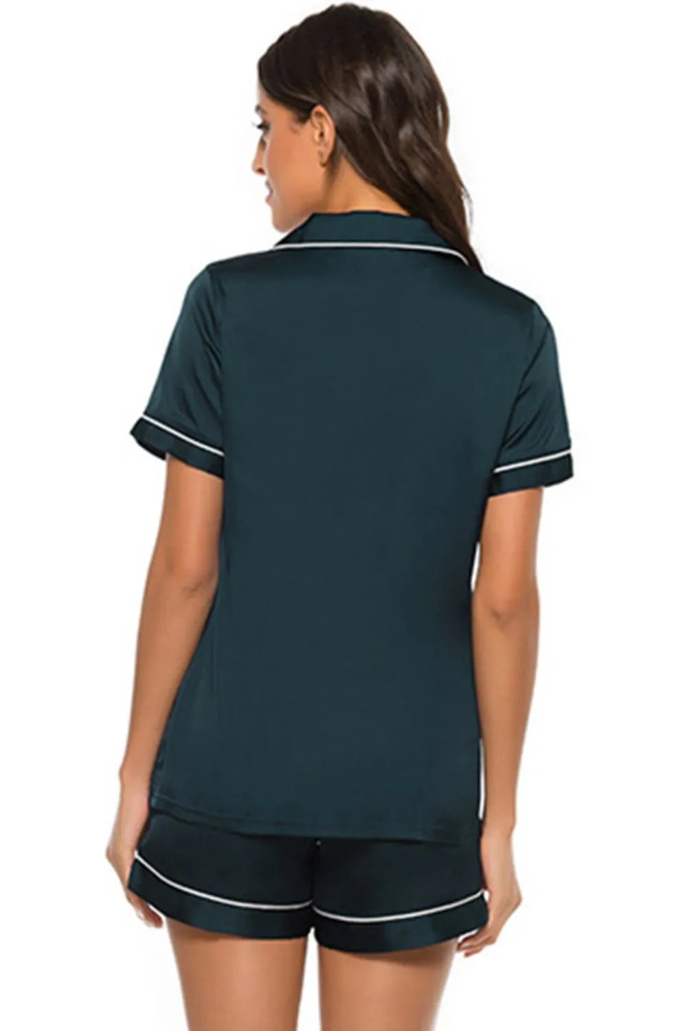 Printed button up short sleeve top and shorts lounge set back view in dark color with white piping trim