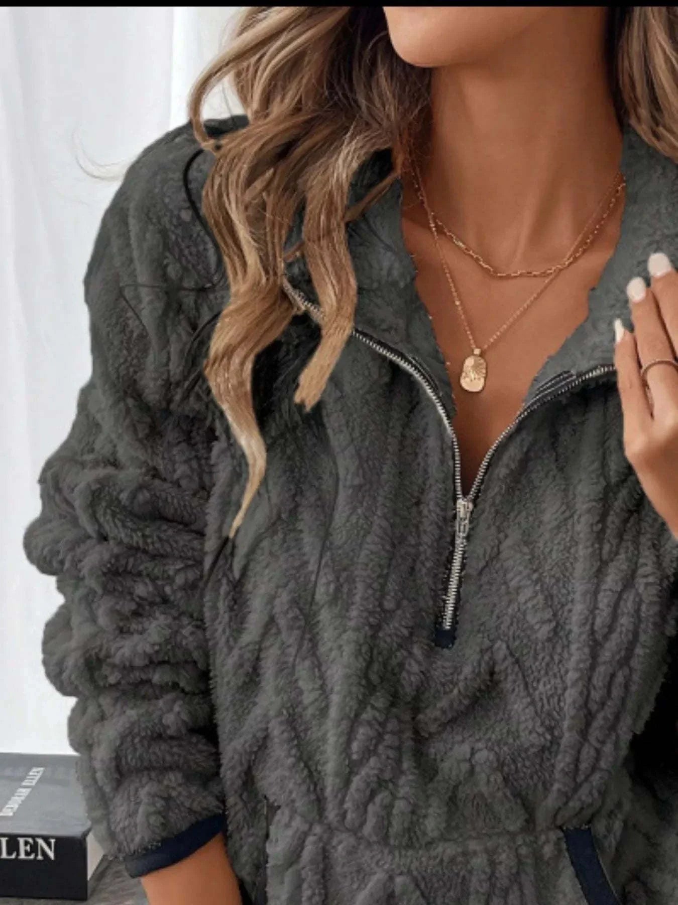 plus size full size sherpa half zip sweatshirt with pockets in dark gray polyester material