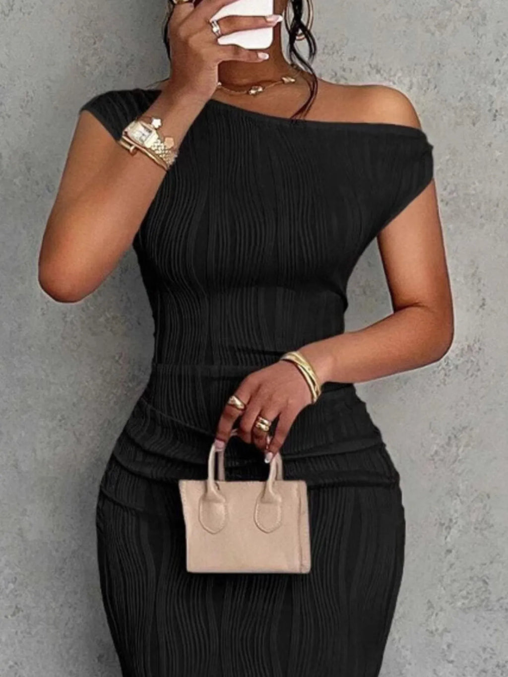 Textured Bodycon Maxi Dress with Single Shoulder Design.