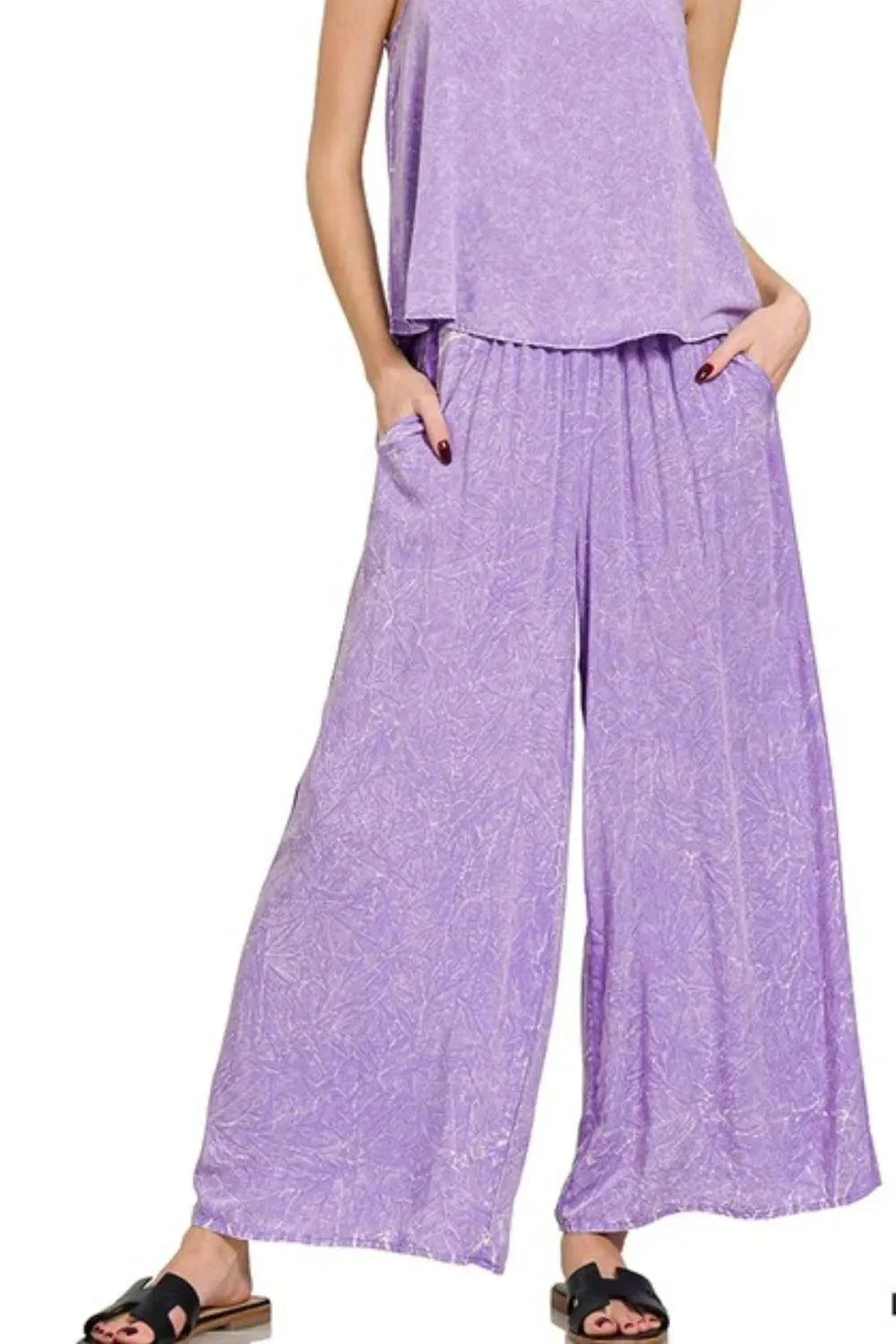 Zenana Woven Crinkle Cami Pants Set - Stylish 2 Piece Washed Outfit.