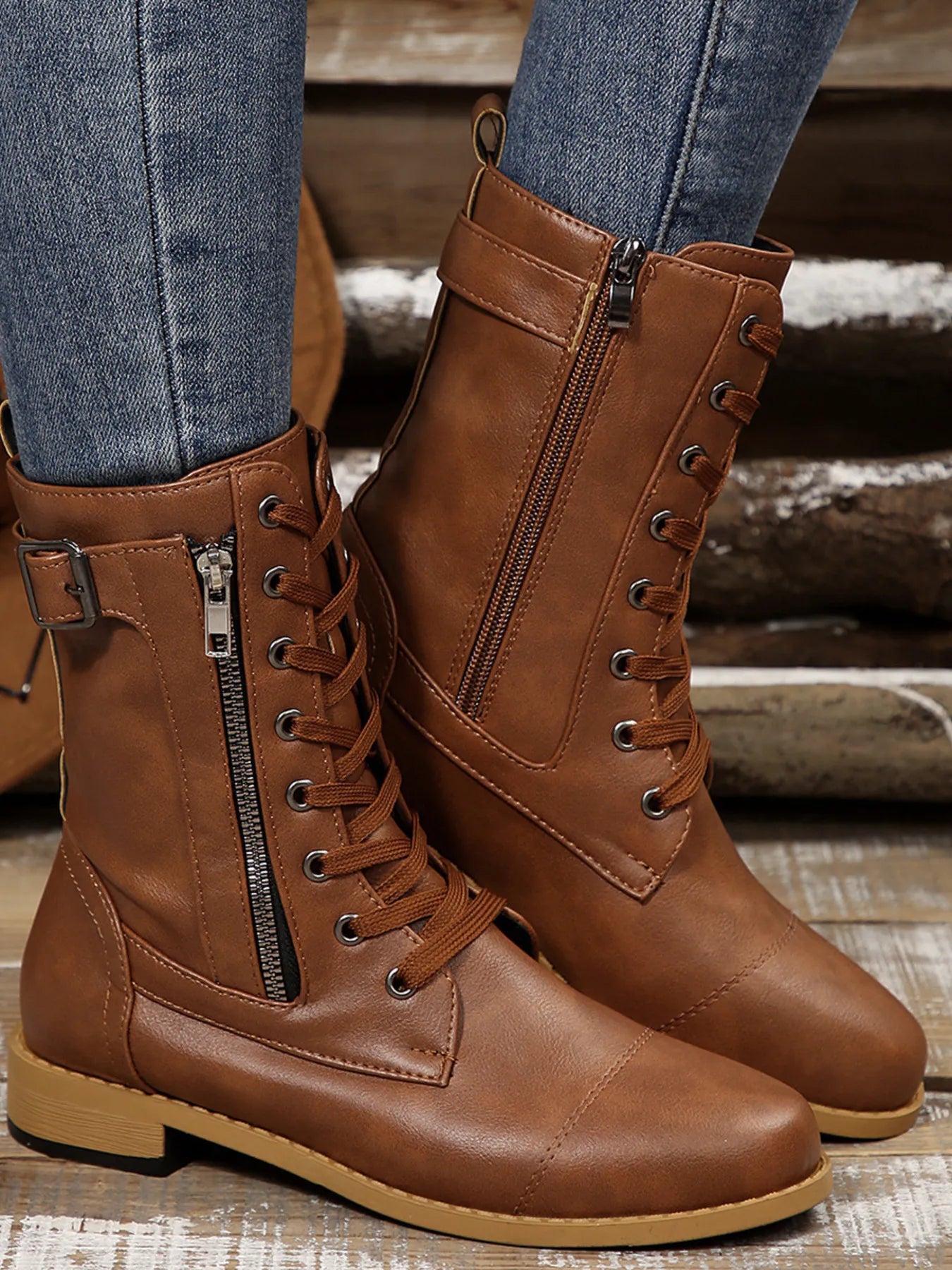 Lace Up Round Toe Boots.