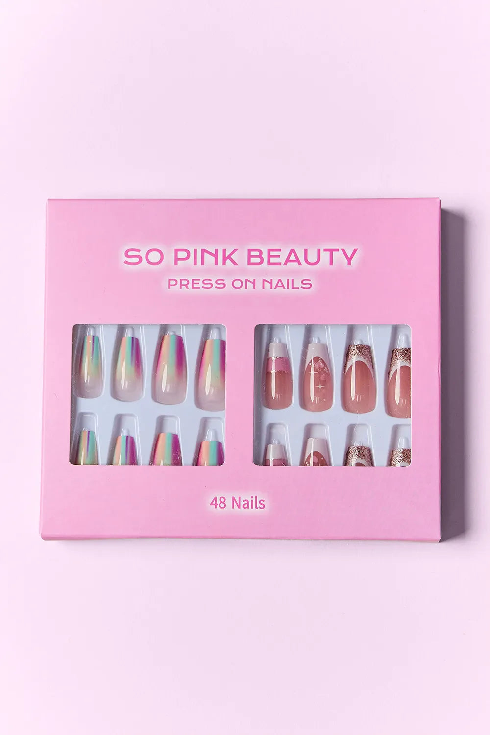 So Pink Beauty Press On Nails 2 Packs with 48-piece stylish and easy-to-apply nail designs in pink packaging