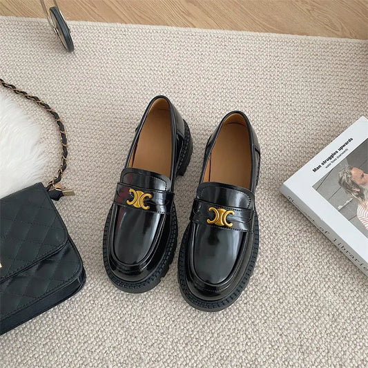 Round Toe Block Heel Loafers.