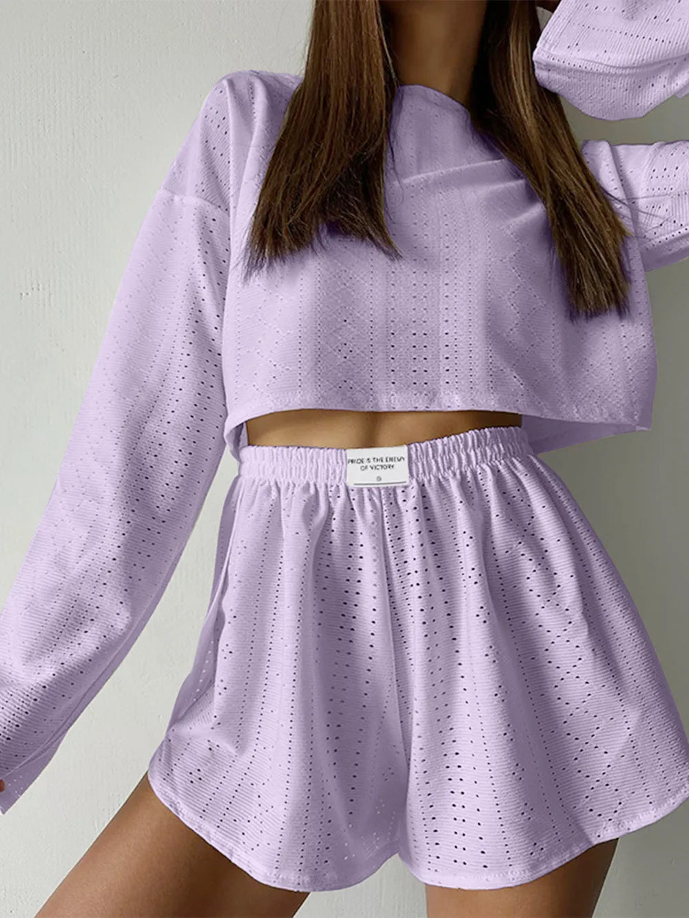 Lavender eyelet round neck top and shorts set with long sleeves and elastic waist shorts