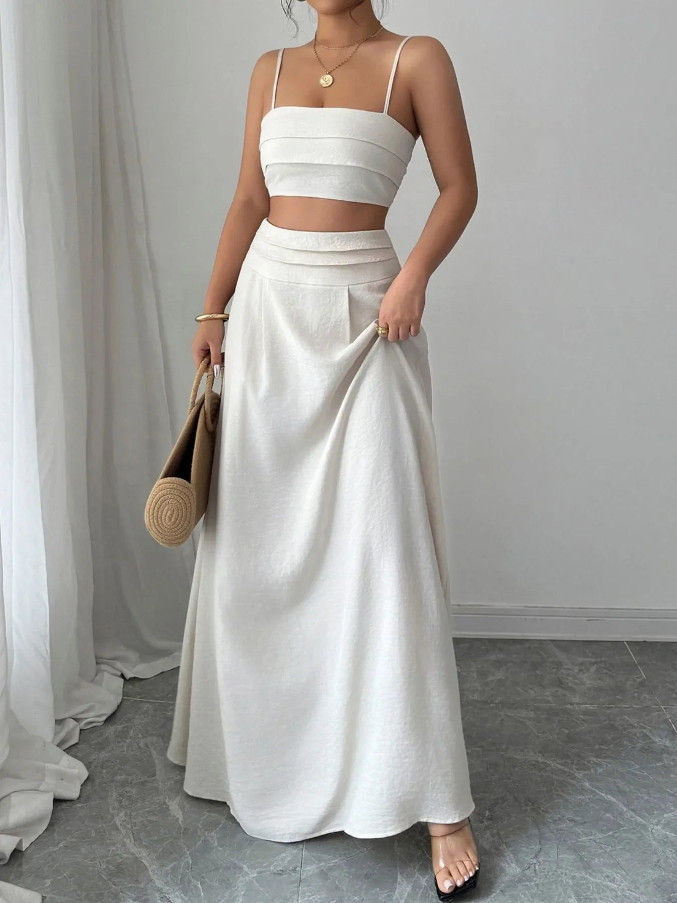 White square neck cami with ruched detailing and matching maxi skirt set
