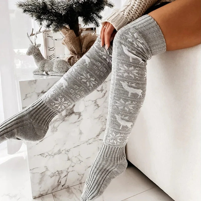 Winter Christmas Warm Knitted Women Stocking Beautiful Elk Snowflake Jacquard Over-the-knee Casual Long Socks For Ladies Gifts Free Size.