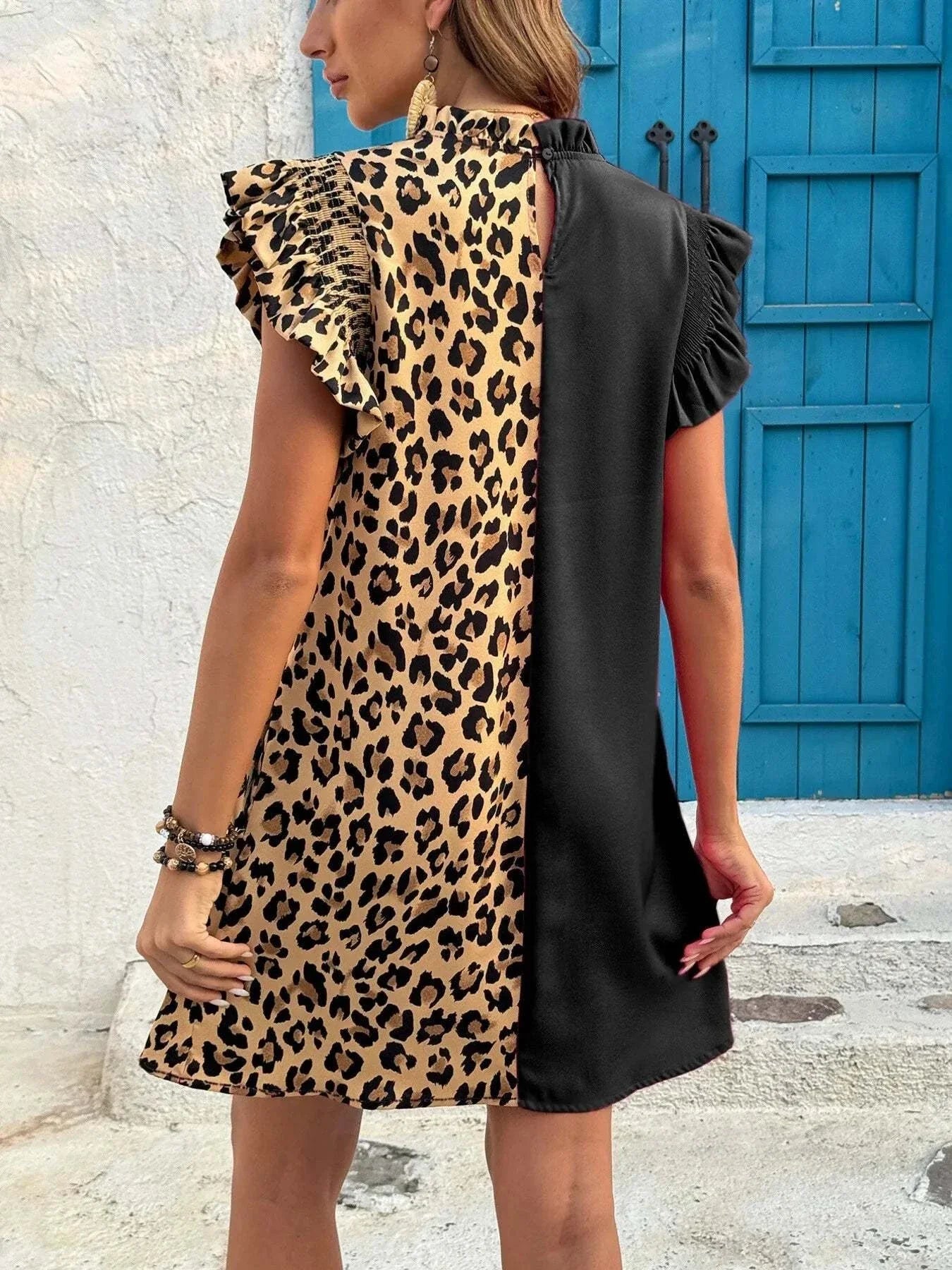 Leopard Color Block Dress with Ruffle Sleeves.