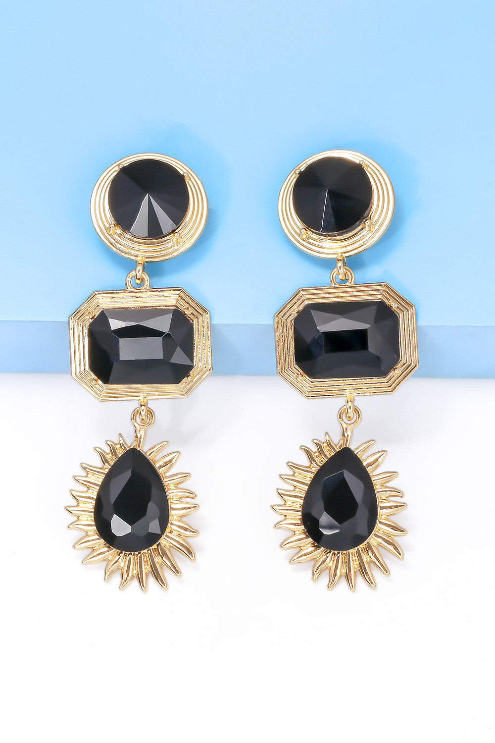 Geometrical shape dangle earrings with black glass and gold zinc alloy frame