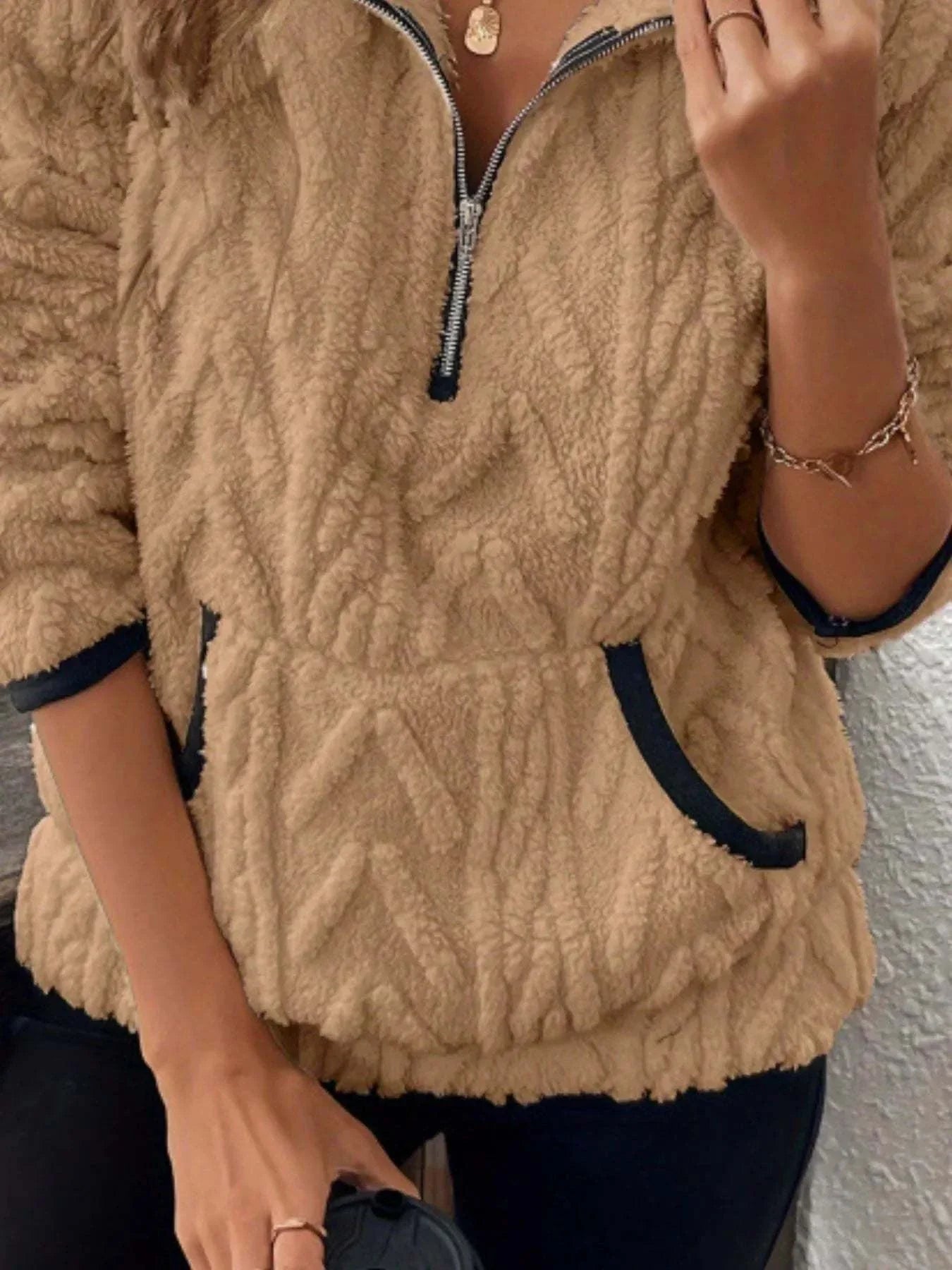 Plus size full size sherpa half zip sweatshirt with pocketed design in beige color