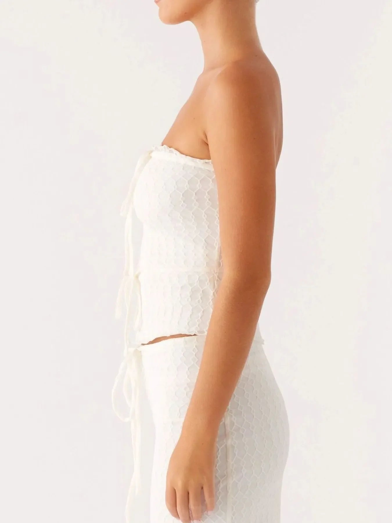 White tie front tube top and maxi skirt set with lace detail and slight stretch