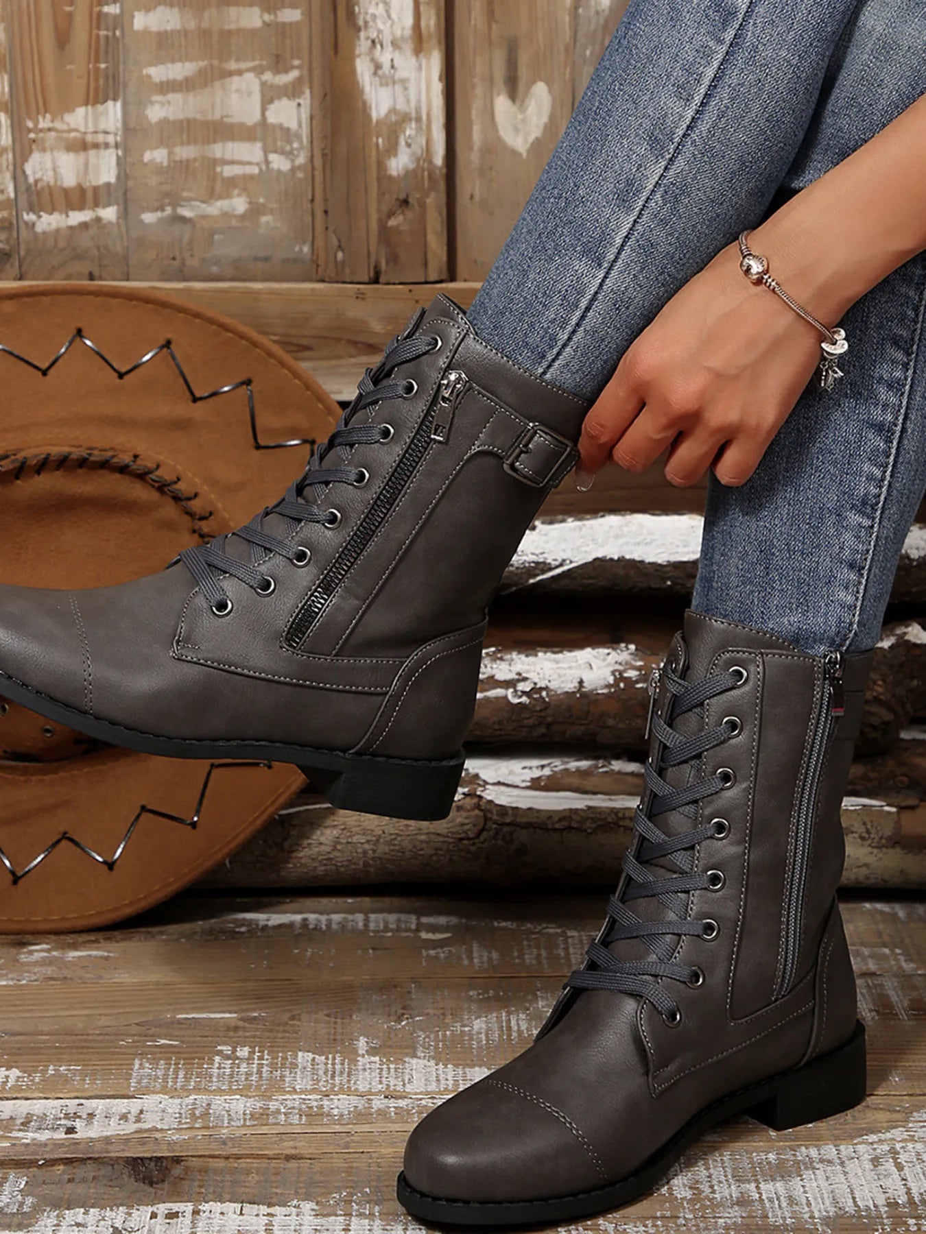Lace Up Round Toe Boots.