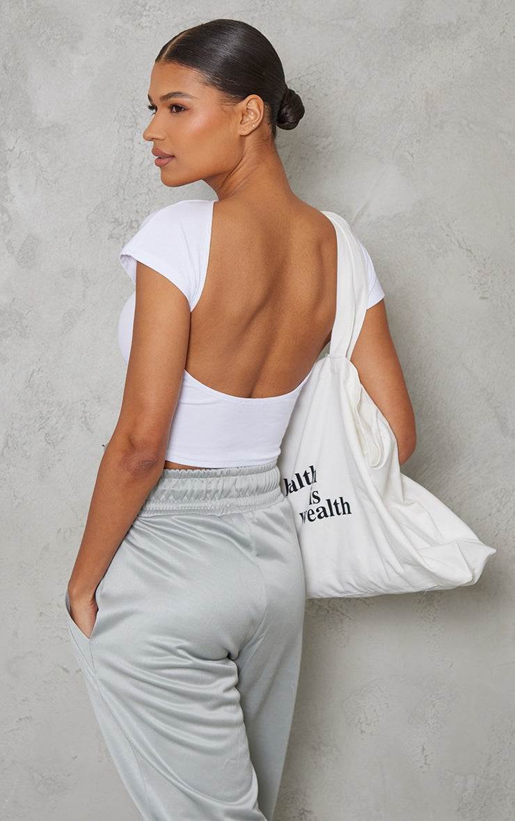 White soft rib backless fitted t-shirt with crew neck and short sleeves