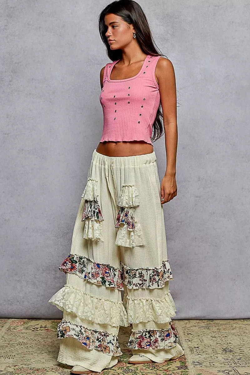POL Drawstring Double Gauze Wide Leg Pants with Print and Lace Ruffle.