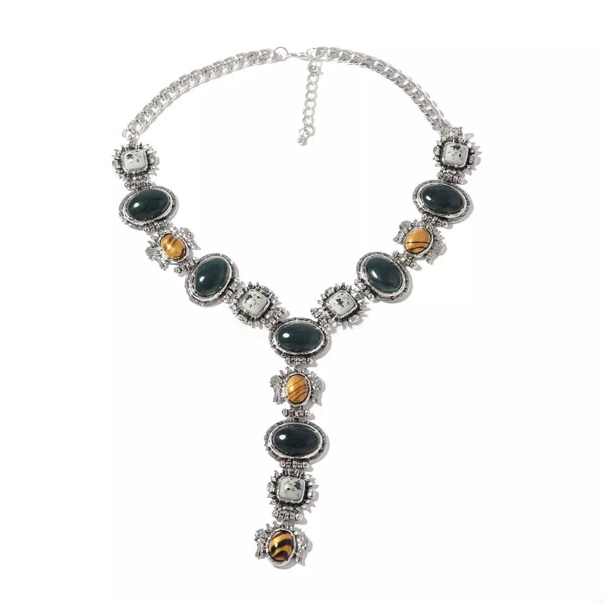 Resin zinc alloy Y-shape necklace with silver-plated chain and multi-stone resin accents