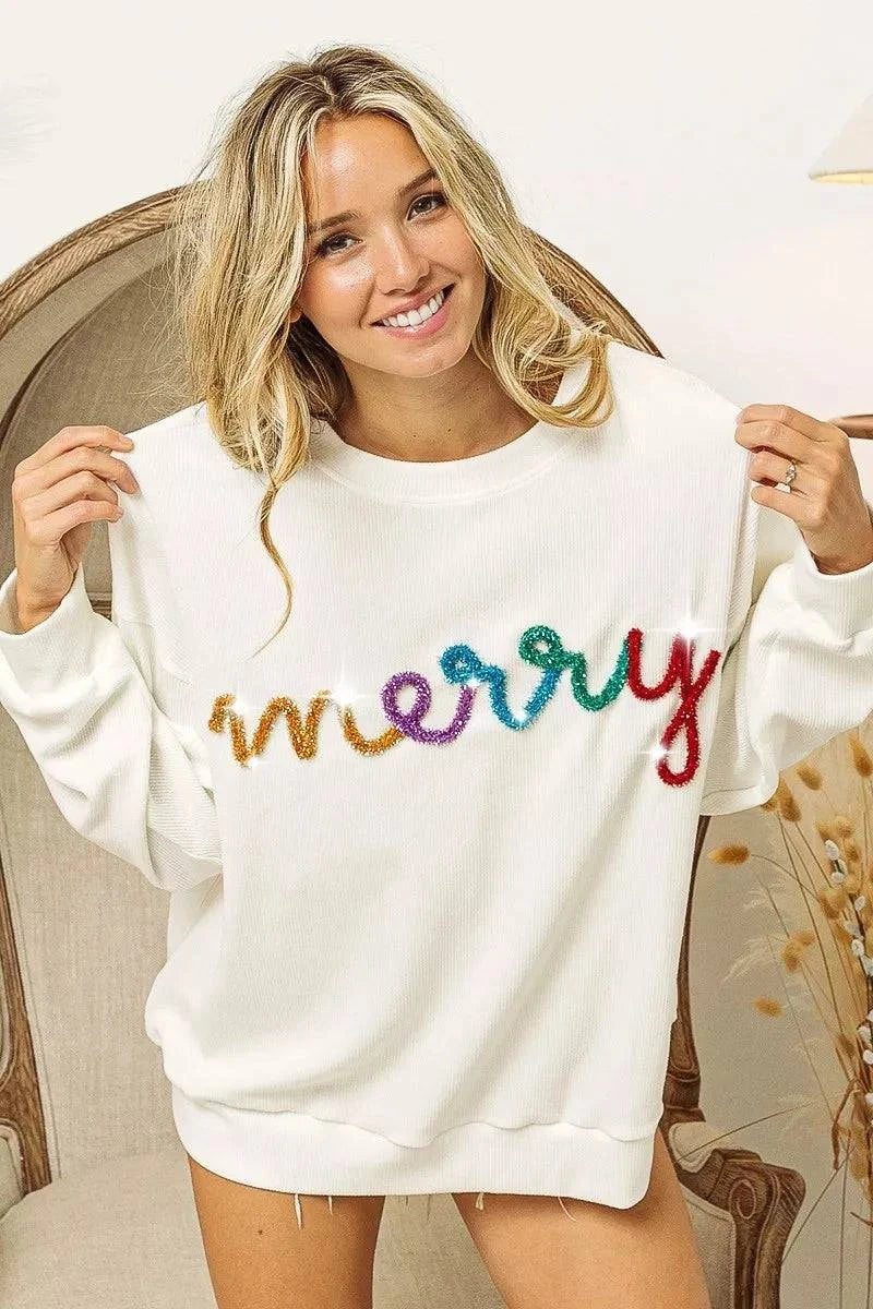 BiBi Merry Tinsel Lettering Drop Shoulder Sweatshirt.